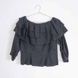 Black ruffle 3/4 sleeve vintage top, off the shoulder